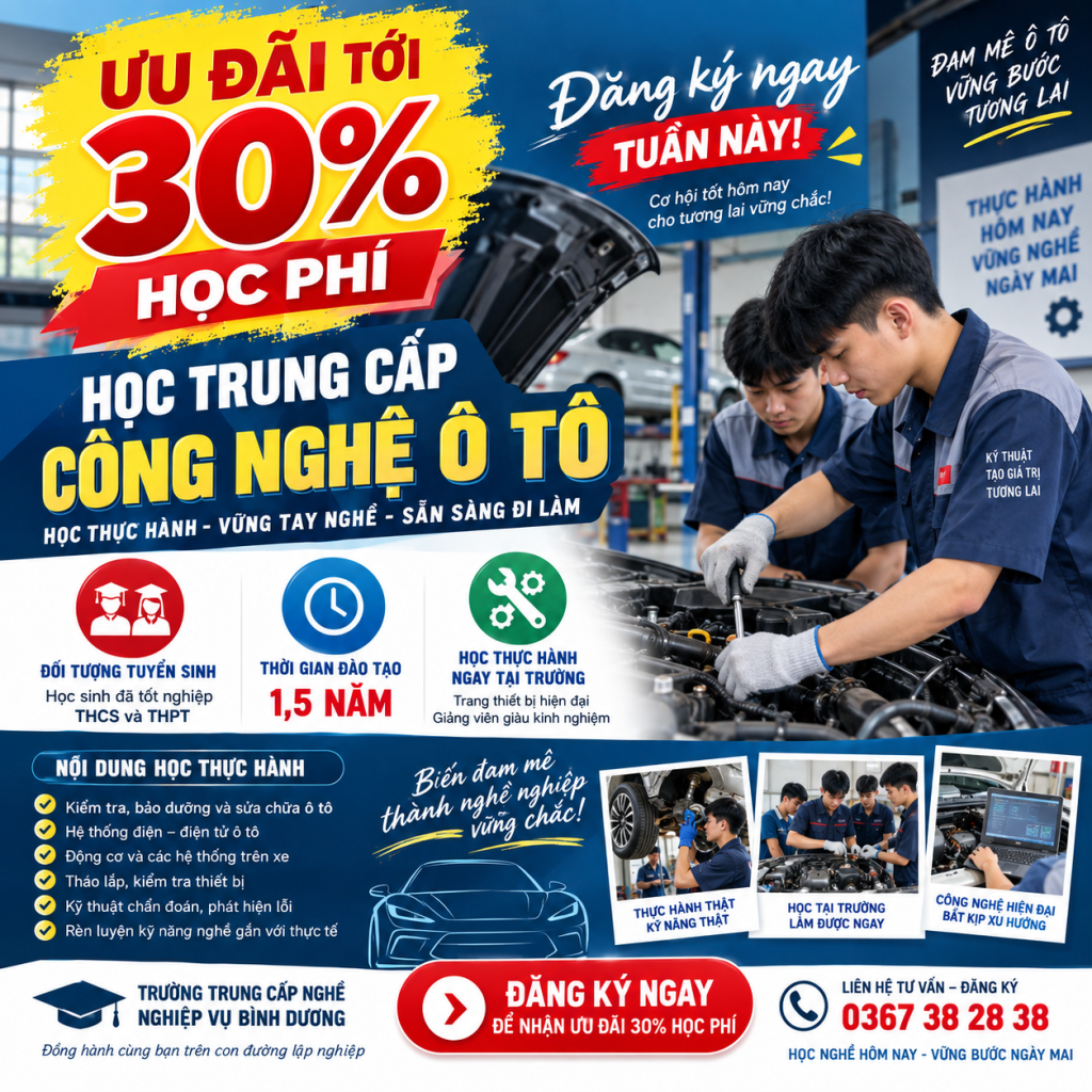Ưu đãi tới 30% học phí – Học trung cấp công nghệ ô tô